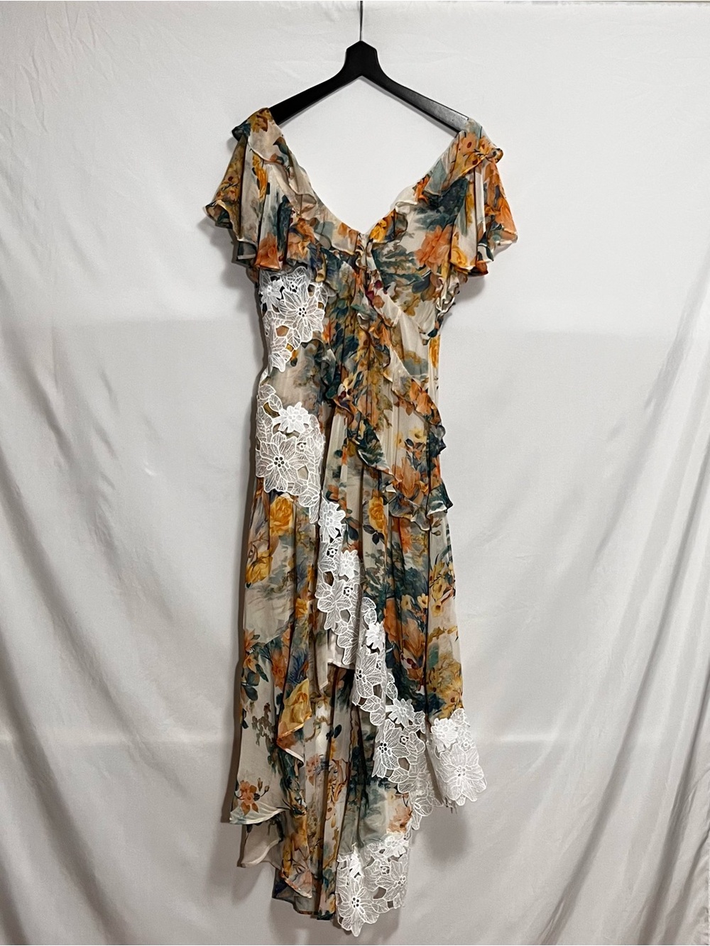 Anthropologie Floral Asymmetrical Dress with White Lace Overlay